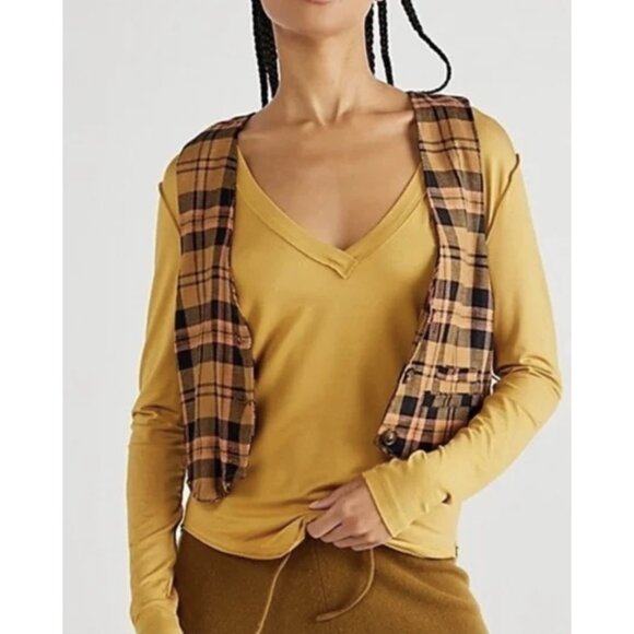 FREE PEOPLE WE THE FREE Moon Dance Long Sleeve V-Neck Top in Toasted Honey XS - Picture 1 of 13